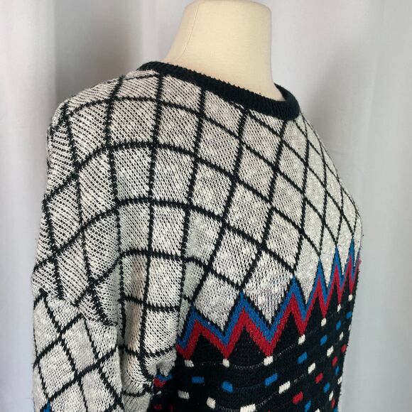 Vintage Sweater Size Petite Medium MP Black White Knit Retro Print 80s Pullover - Picture 4 of 15